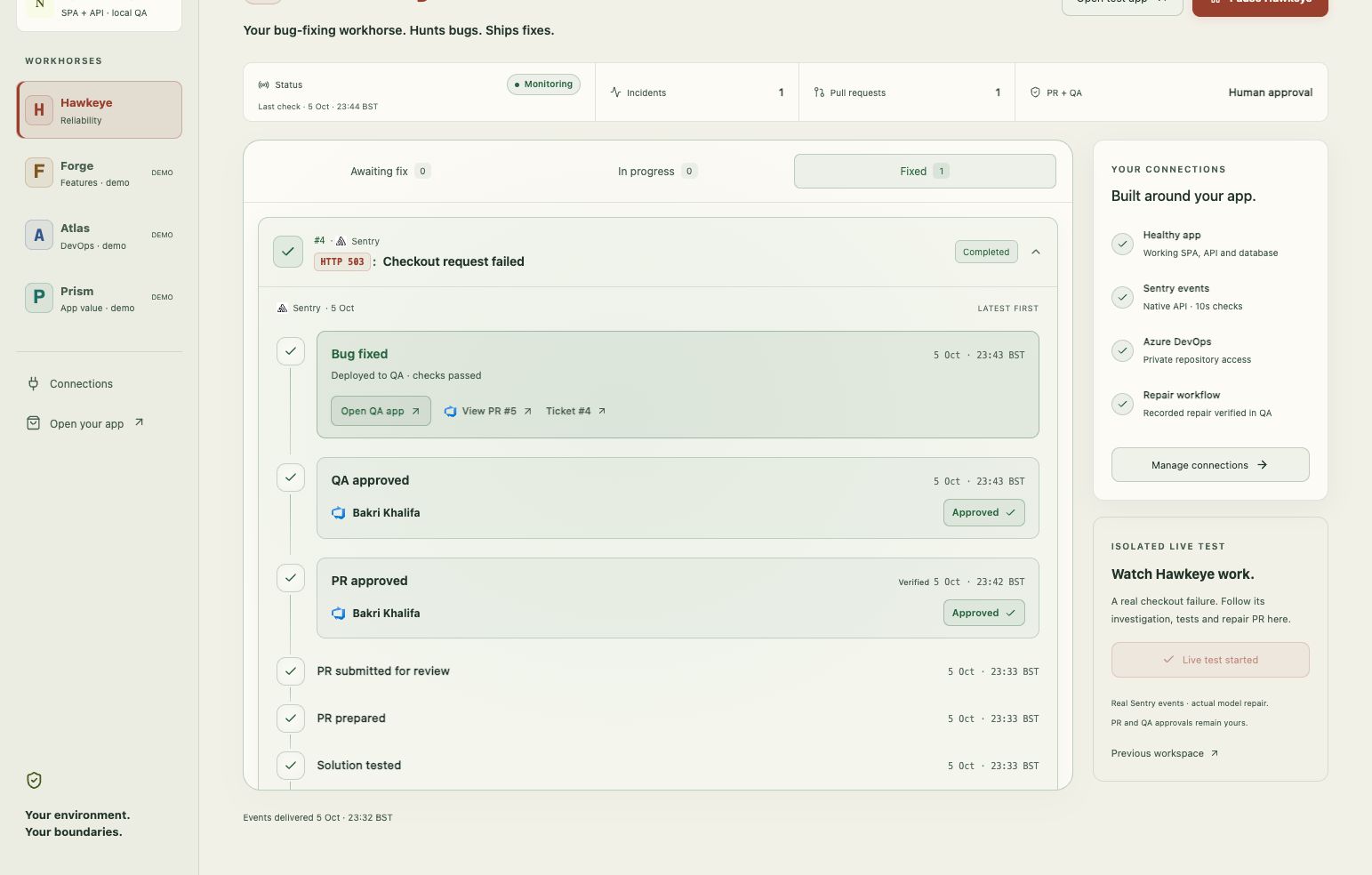 Hawkeye dashboard showing the controlled checkout incident completed in local QA, with separate PR and QA approval records.